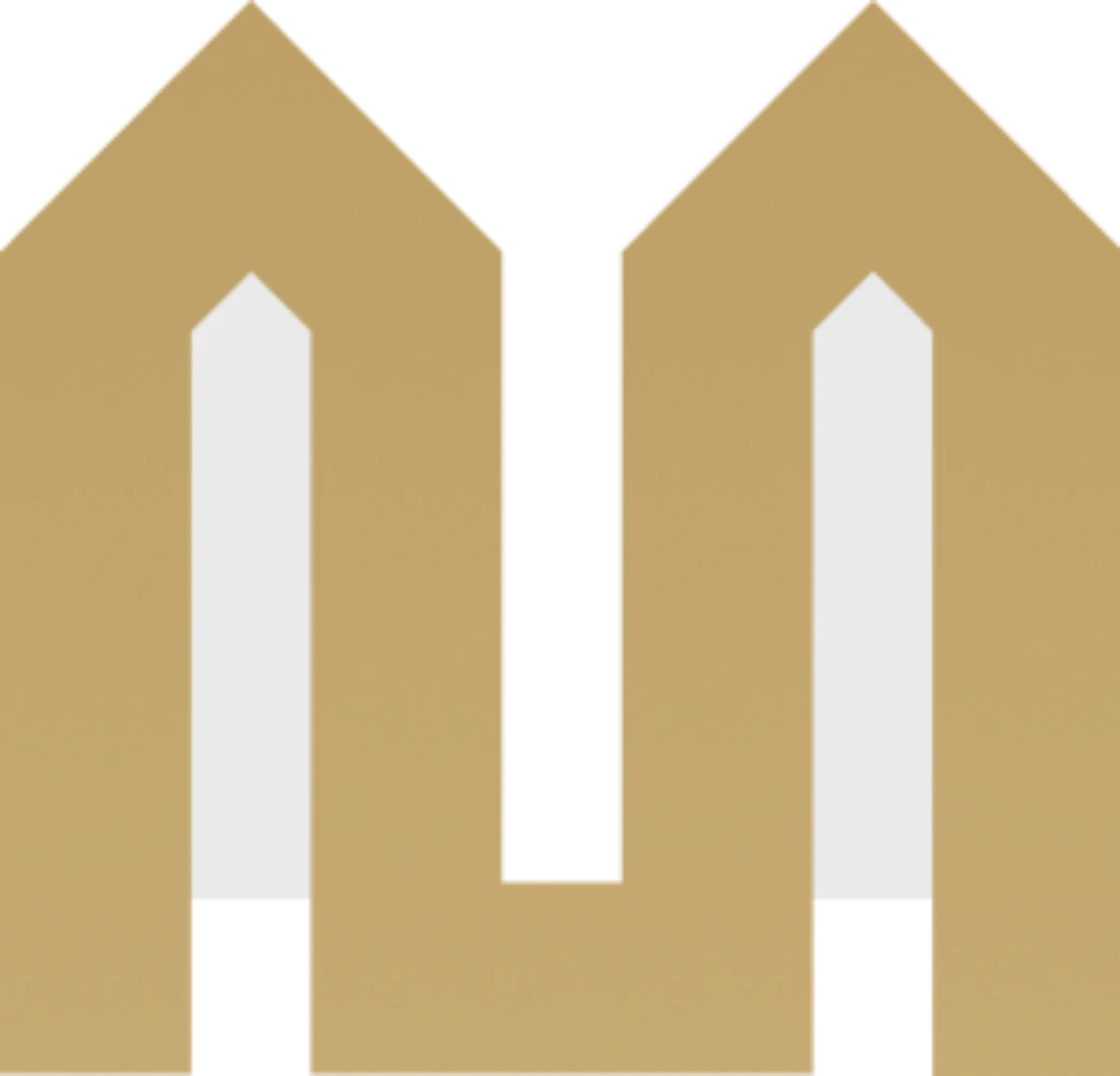 Dwie złote symetryczne bryły z białymi pionowymi panelami na czarnym tle