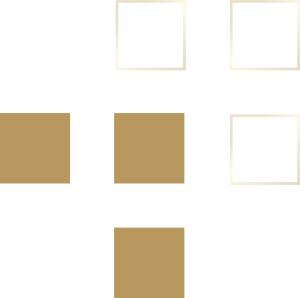 Czarny obraz z rozmieszczonymi sześcioma złotymi kwadratami, w tym trzech wypełnionych i trzech obramowanych